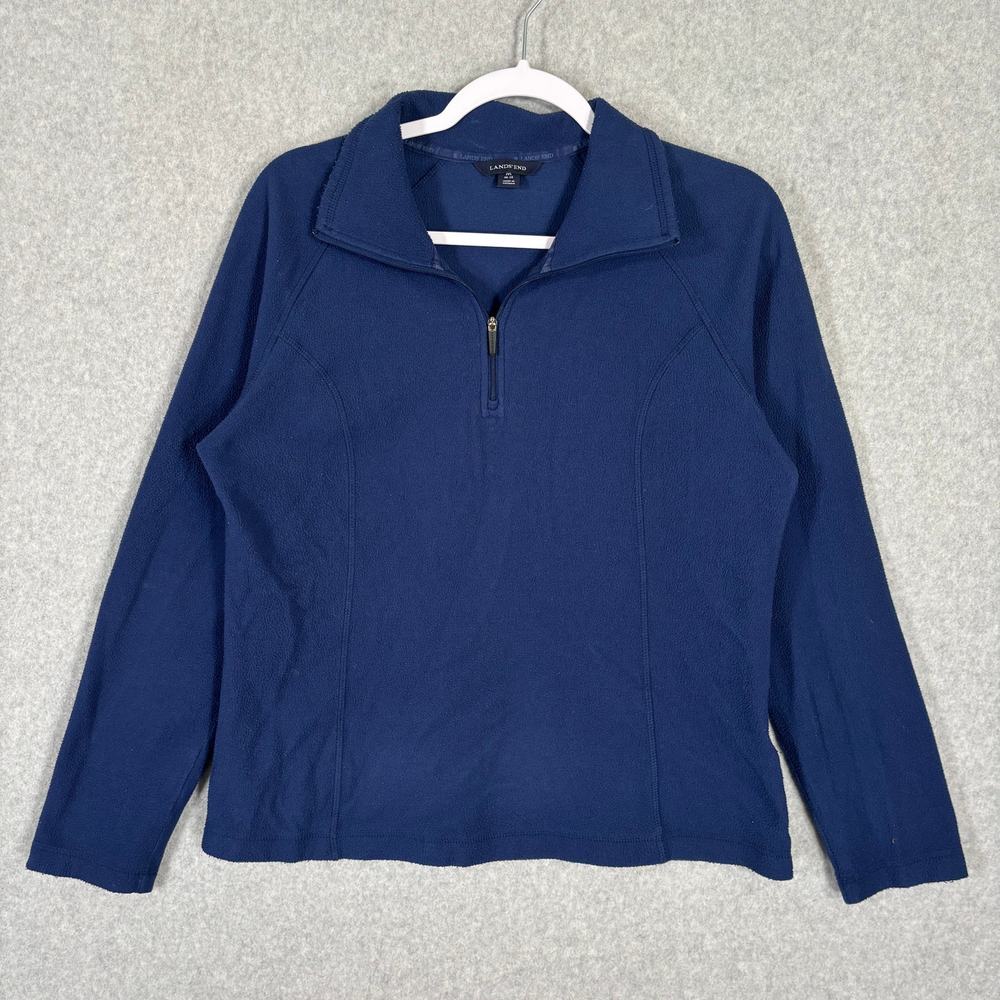 Lands End Fleece Sweatshirt Womens Medium Blue 1/4 Zip Therma Check Base Layer**